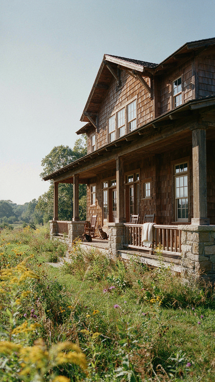 A craftsman farmhouse exterior with a deep porch and visible stone piers.