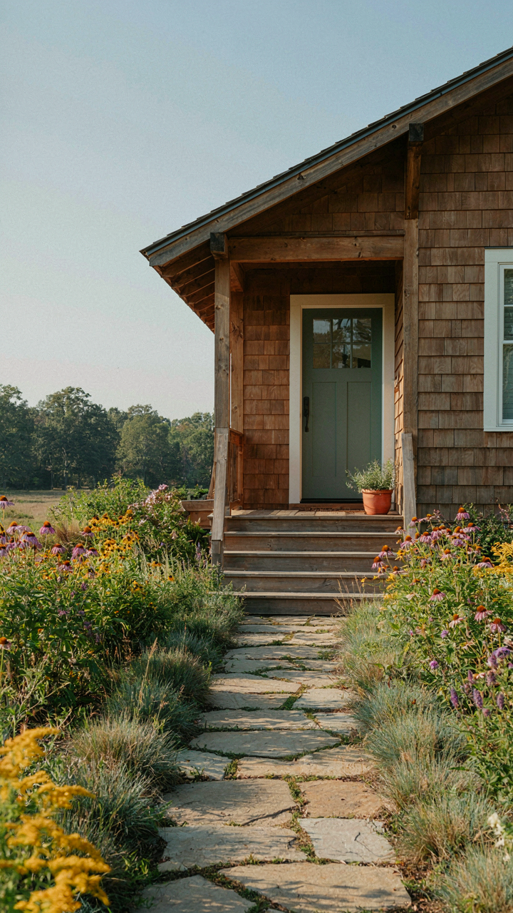 Craftsman porch seamlessly integrated with layered native landscaping and a narrowing stone path.