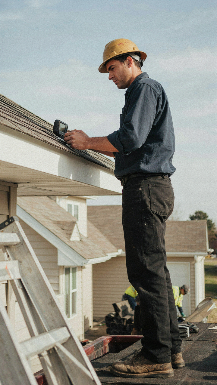 A person precisely measures the roof pitch of a ranch house addition idea.