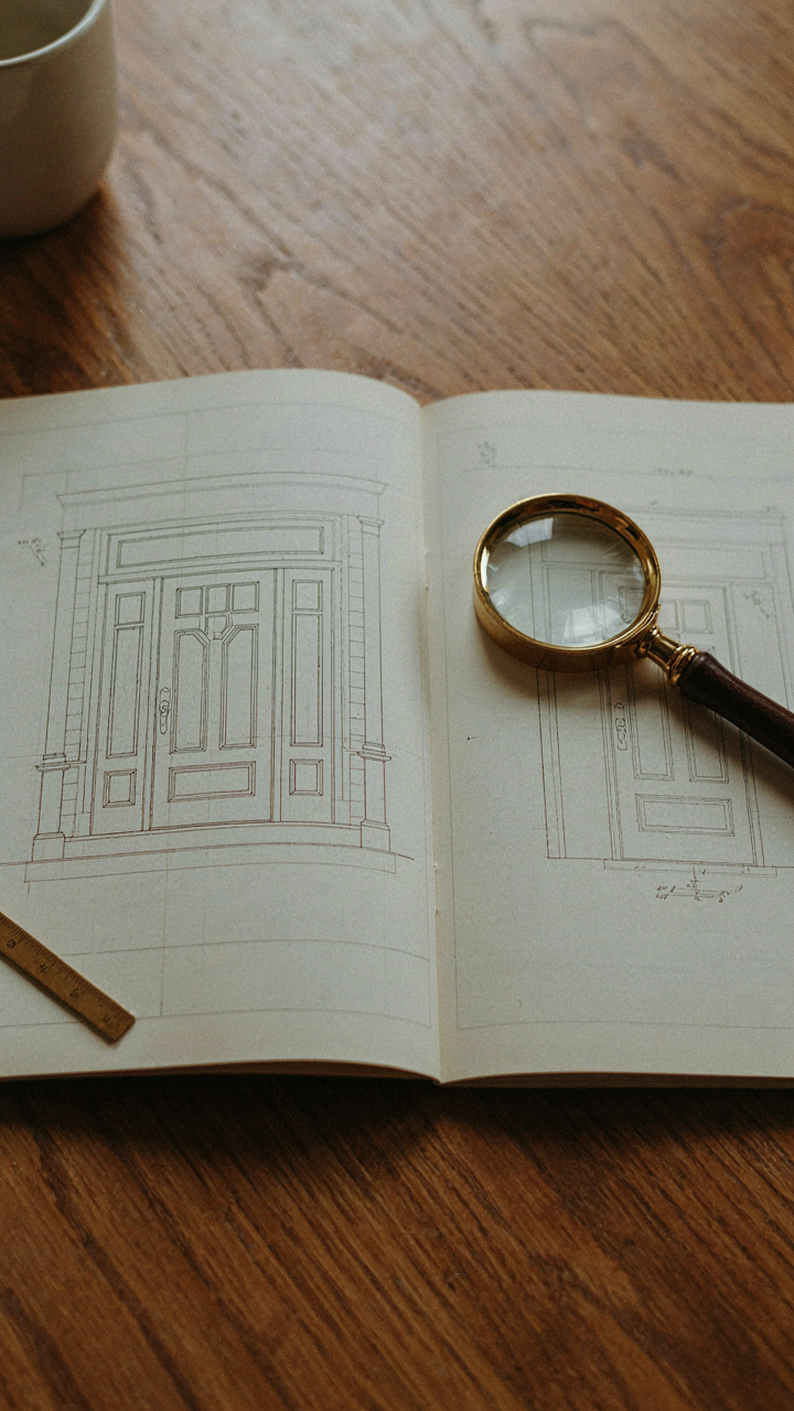 A magnifying glass on a blueprint showing a craftsman front door design.