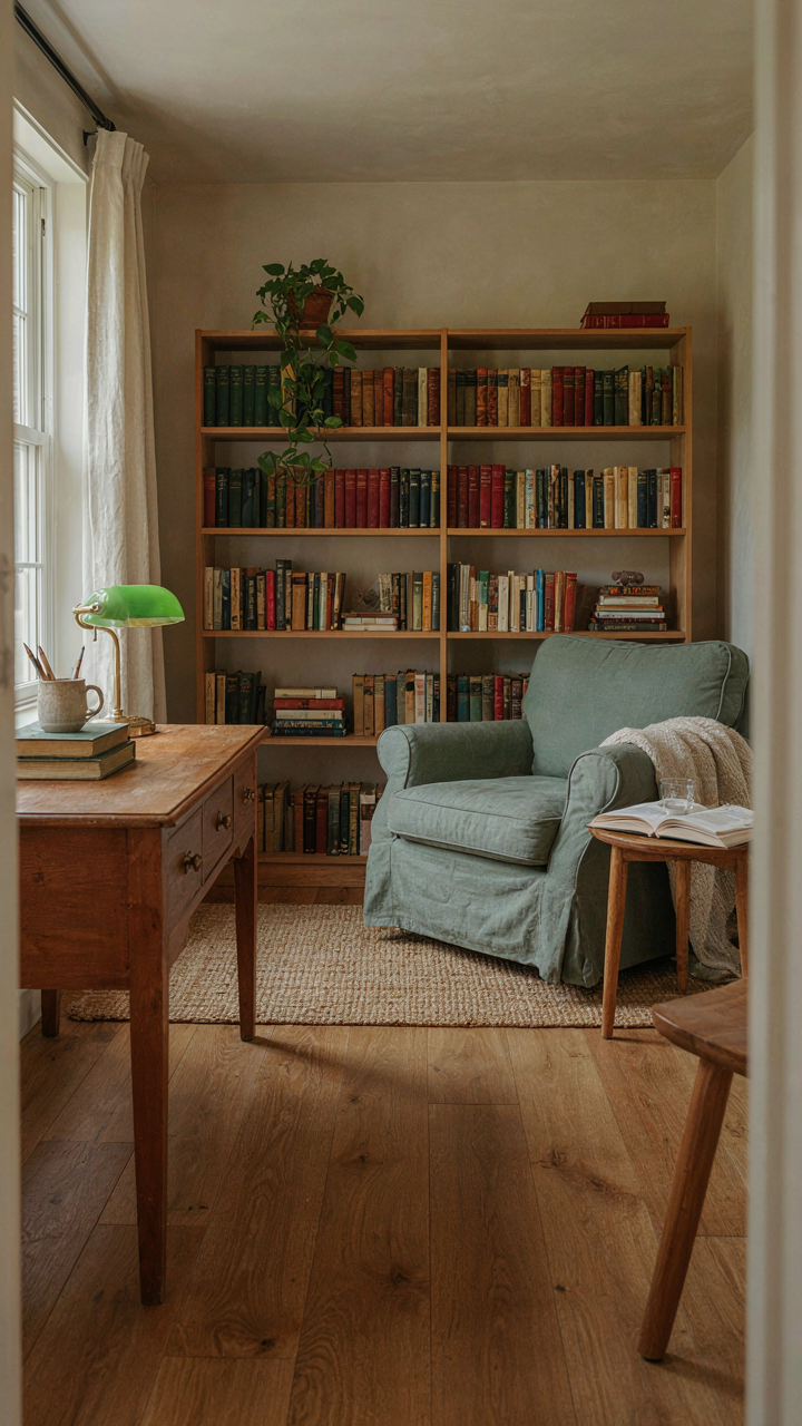 An organized she shed interior with distinct zones for work and reading.