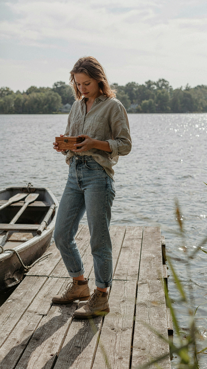 A person on a wooden dock holds a box labeled 'Wi-Fi' near a boat.