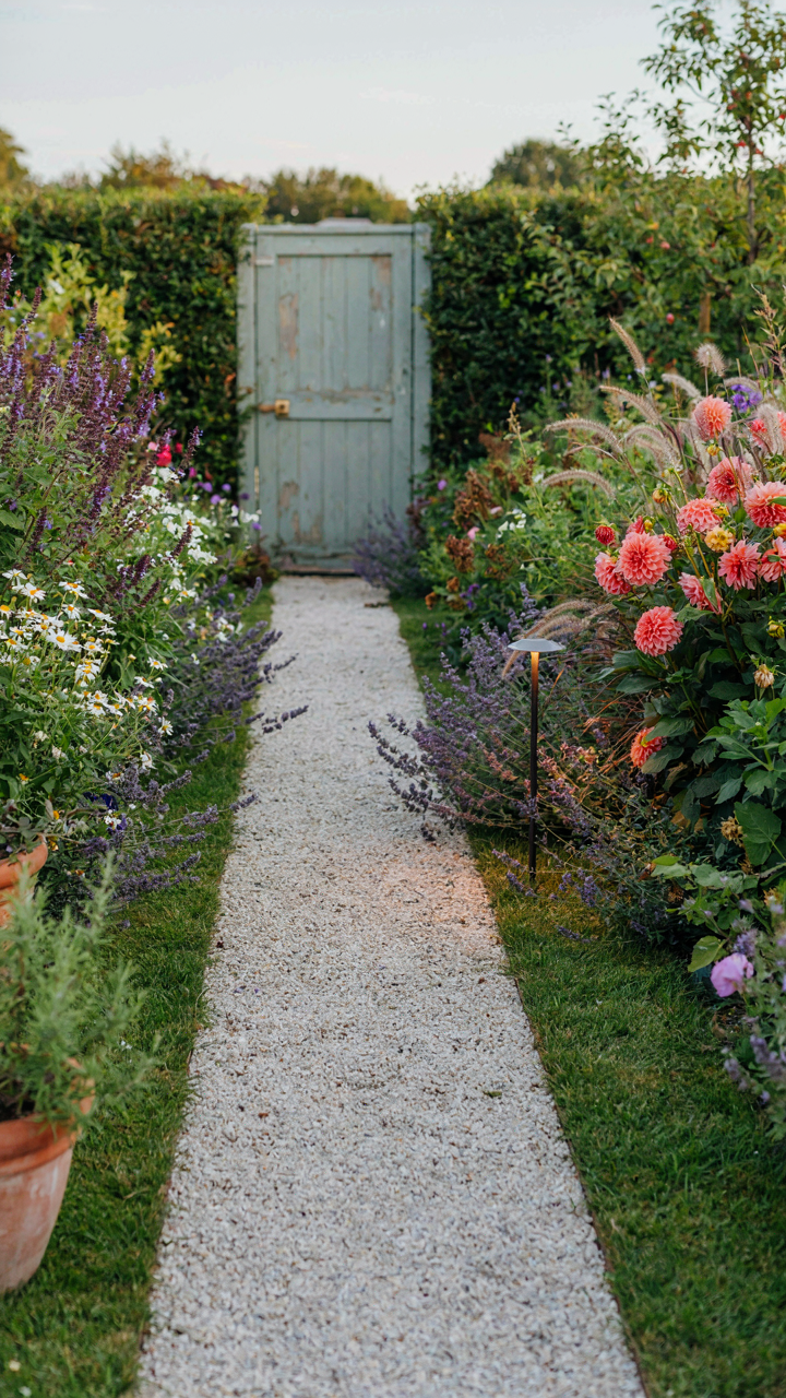 A neatly graveled path with a solar light leads directly to a garden shed door.