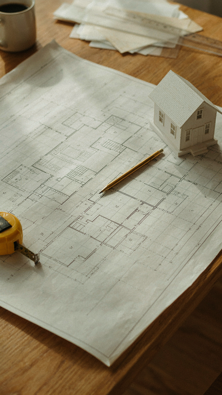 An architect's blueprint on a desk with a farmhouse model.