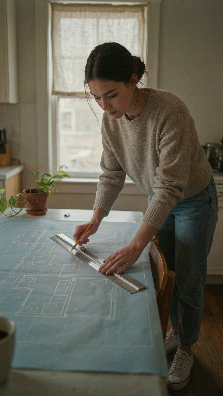 A person drawing lines on a blueprint, planning movement in a compact living space.