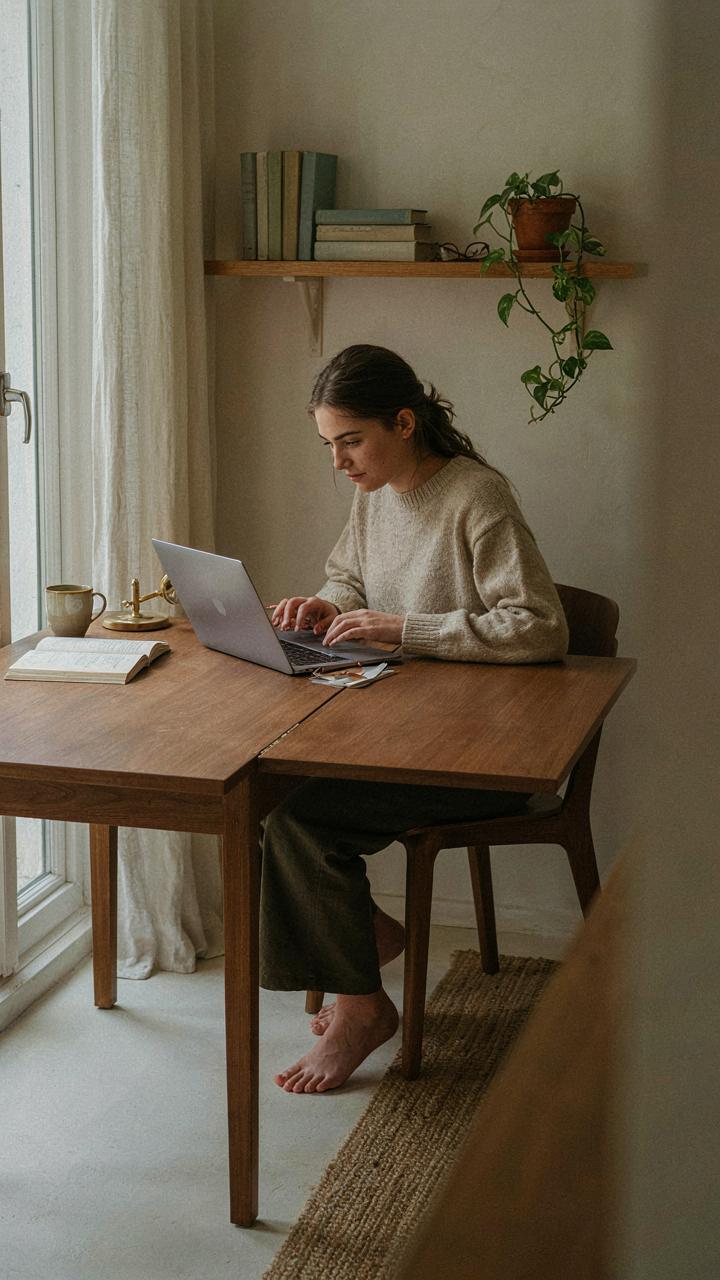 A person works at a transforming modular table in a small room.