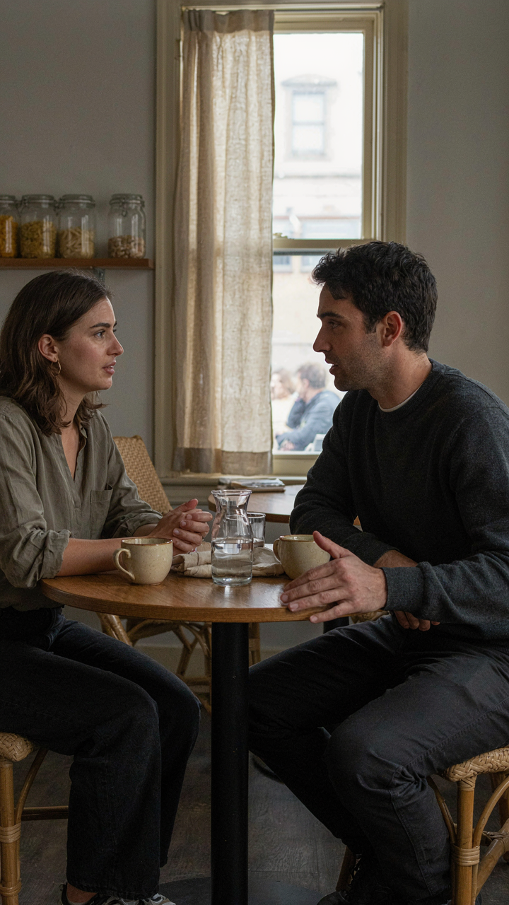 Two people lean in, talking easily at a round dining table.