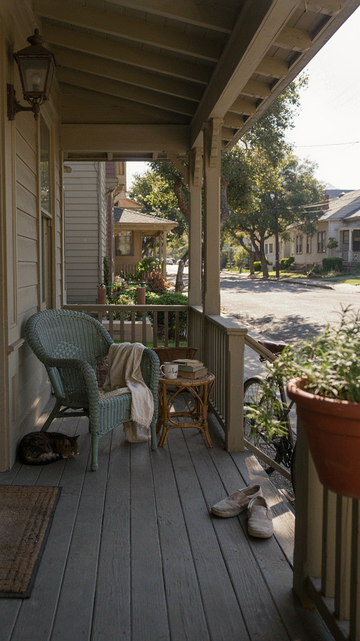 A deep, wide front porch of a California bungalow with seating and a view of the street.