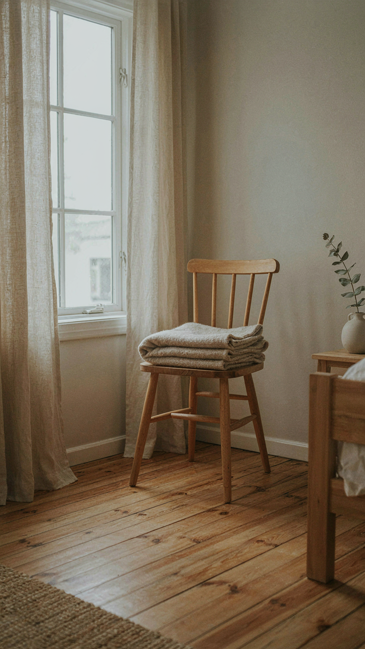 A single, well-placed wool throw blanket draped over a simple wooden chair.
