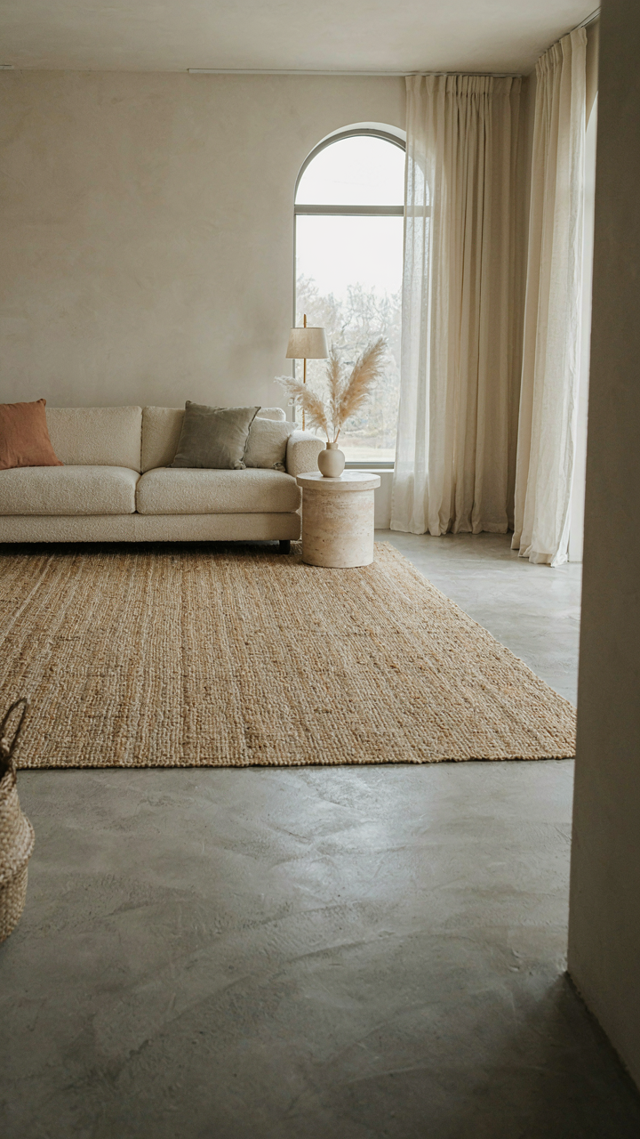 A large concrete floor with one simple natural fiber rug.
