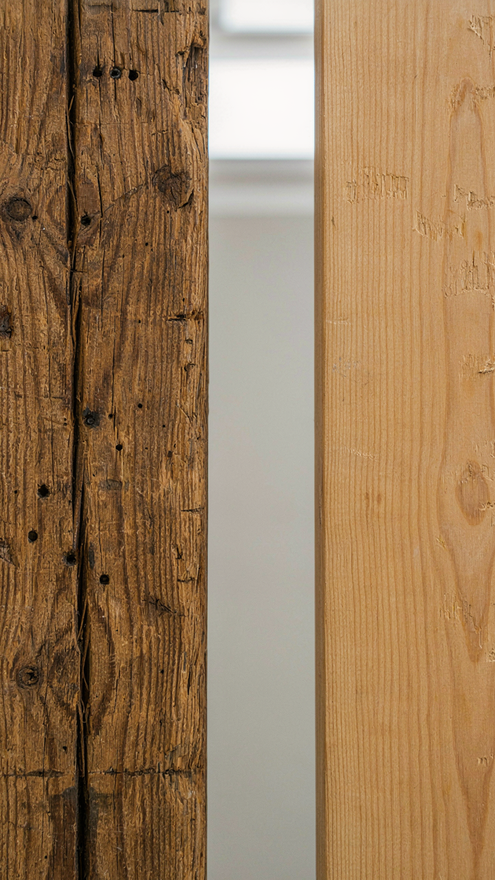 A genuine reclaimed timber beam next to new wood with a distressed finish.