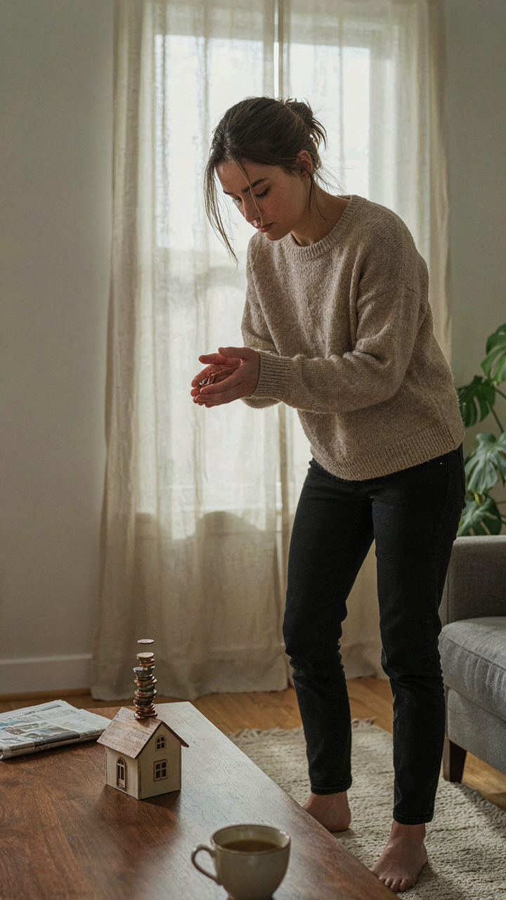 A person balances a stack of coins on a small model house.