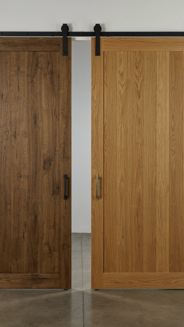Two barn door options side-by-side, one solid wood, one engineered wood.