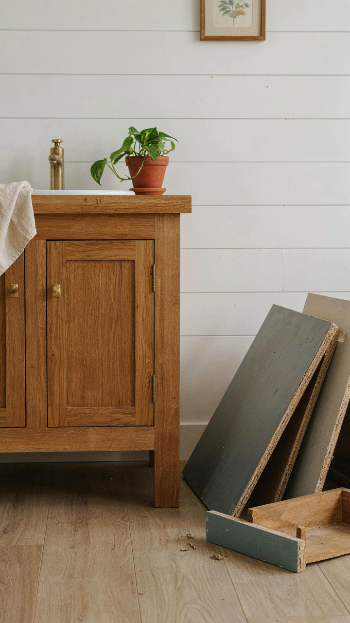 A solid wood cottage bathroom vanity next to broken particle board vanity pieces.