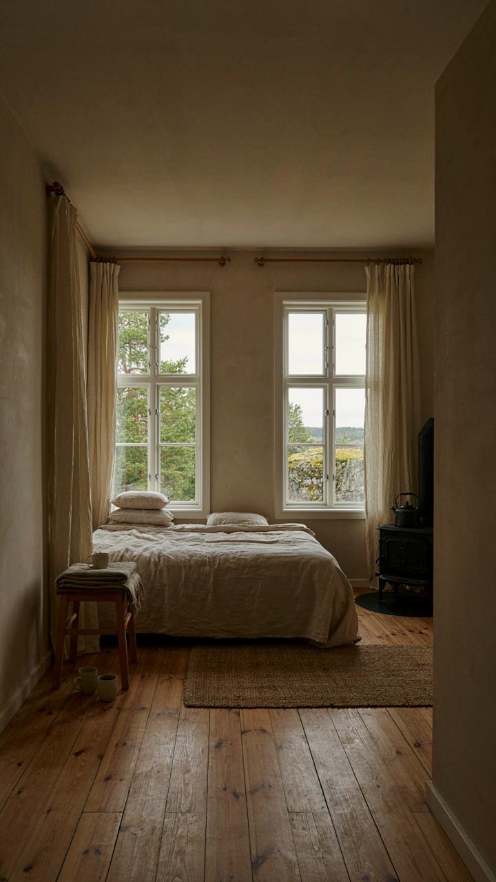 Two windows facing each other create visual depth in a tiny cabin interior.