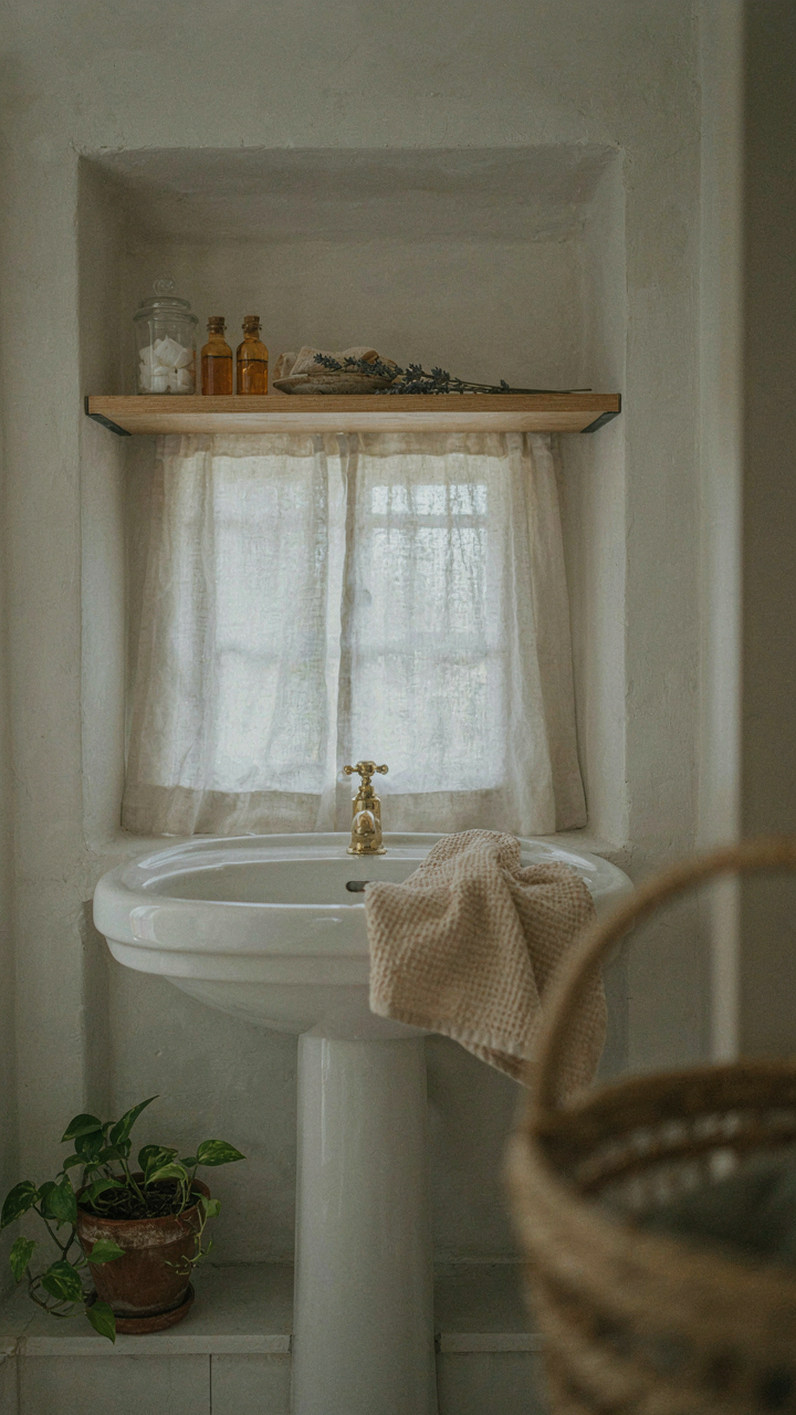 A recessed shelf built into a wall holds small items in a bathroom.