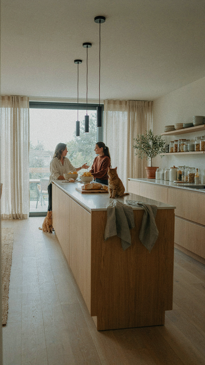 A kitchen island placed to guide movement in a modern open space.