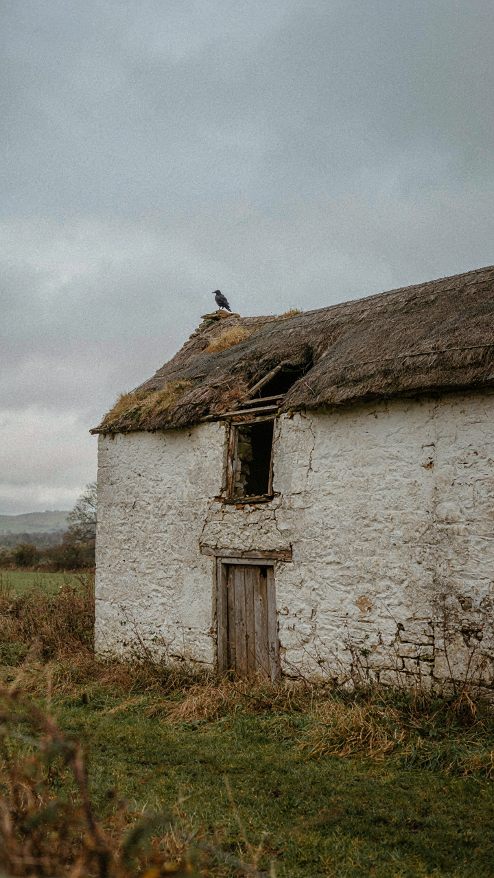 A weathered, empty rural stone cottage with a worn thatched roof under an overcast sky.