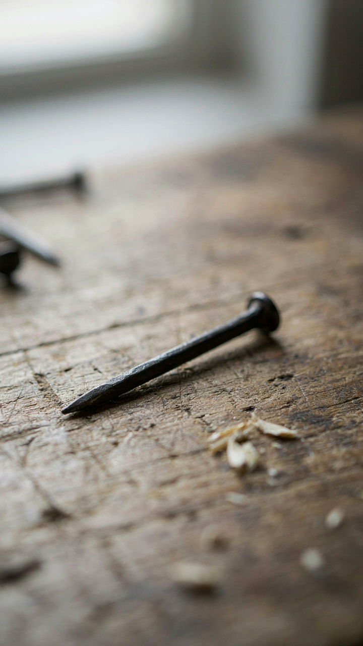 A single, hand-forged metal nail with an irregular head on a wooden surface.