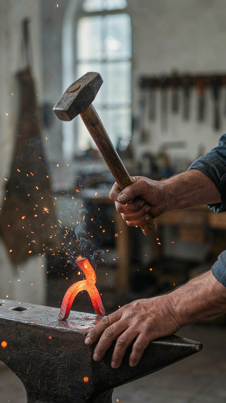 A blacksmith hammers glowing iron to create a baluster.