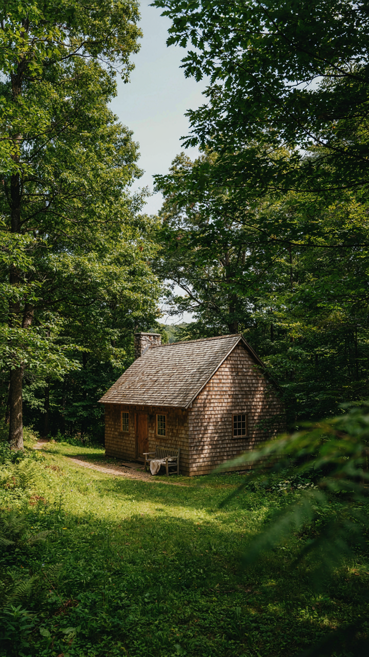 A small backyard cabin is tucked into a hillside behind trees.
