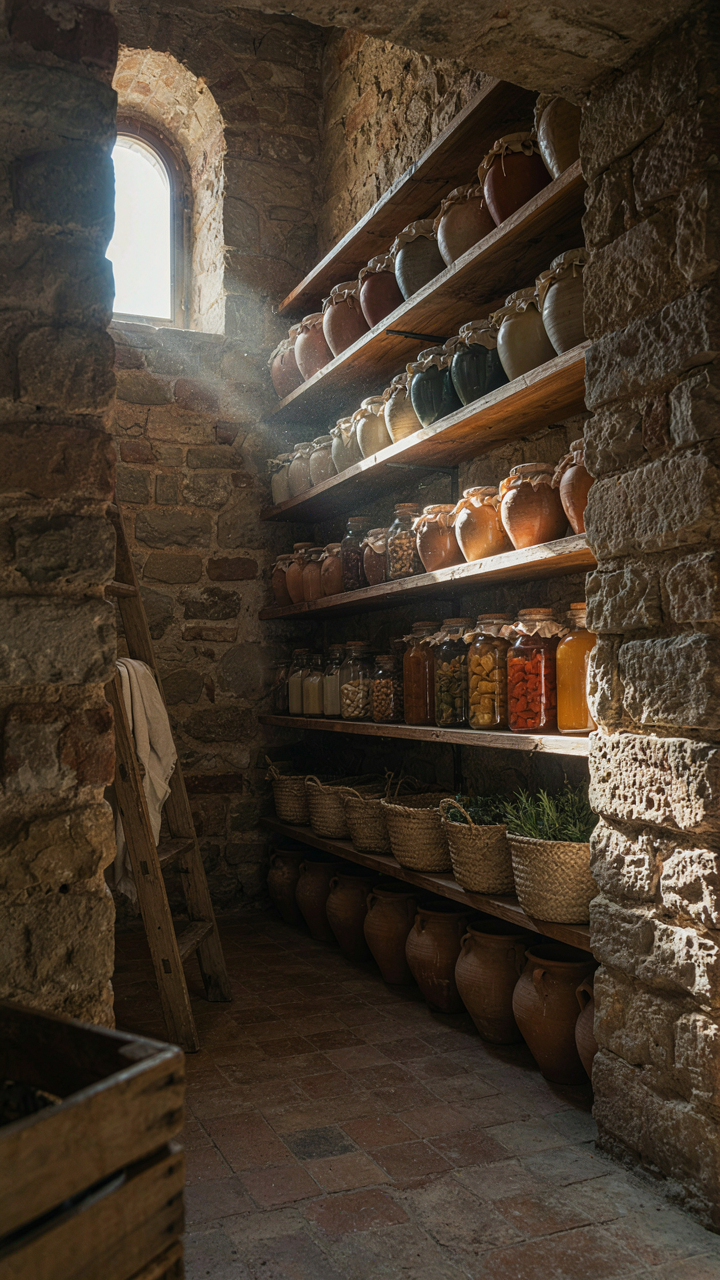 A cool stone pantry with deep wooden shelves holding jars.