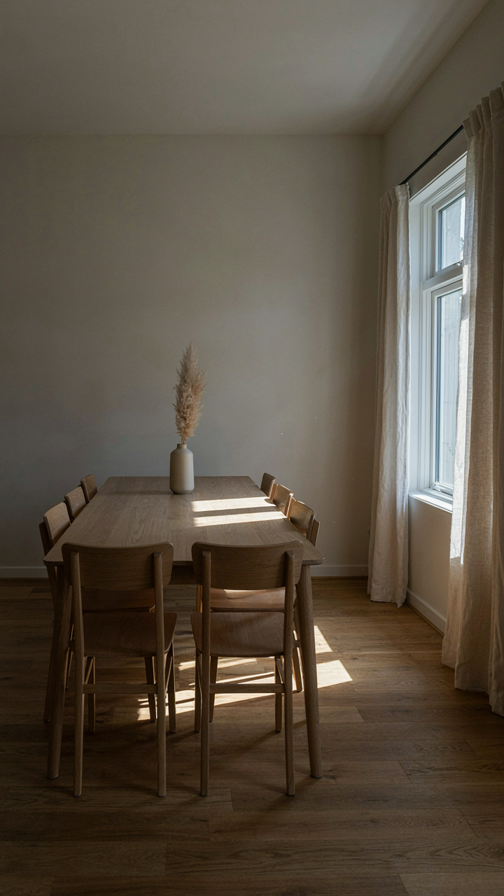 A clear, empty wooden dining table with simple chairs, bathed in sunlight.