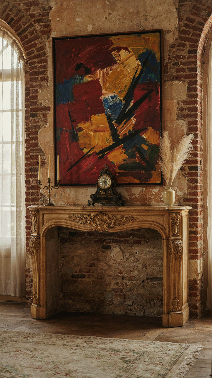 A large abstract painting over a classic mantelpiece in a French living room.