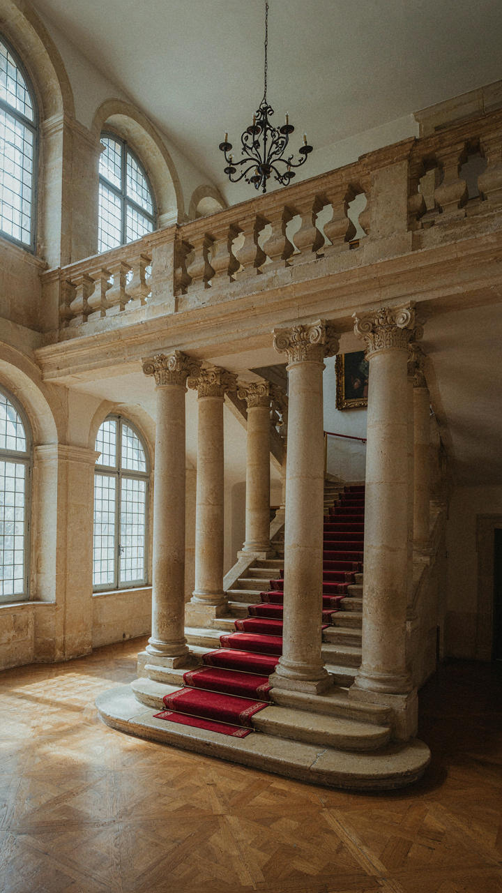 Renaissance chateau staircase with columns supporting a wide landing from below.
