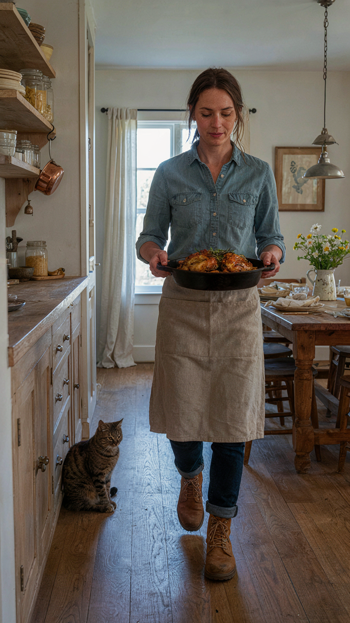 A person walks easily from kitchen to dining room with a dish, showing clear flow.
