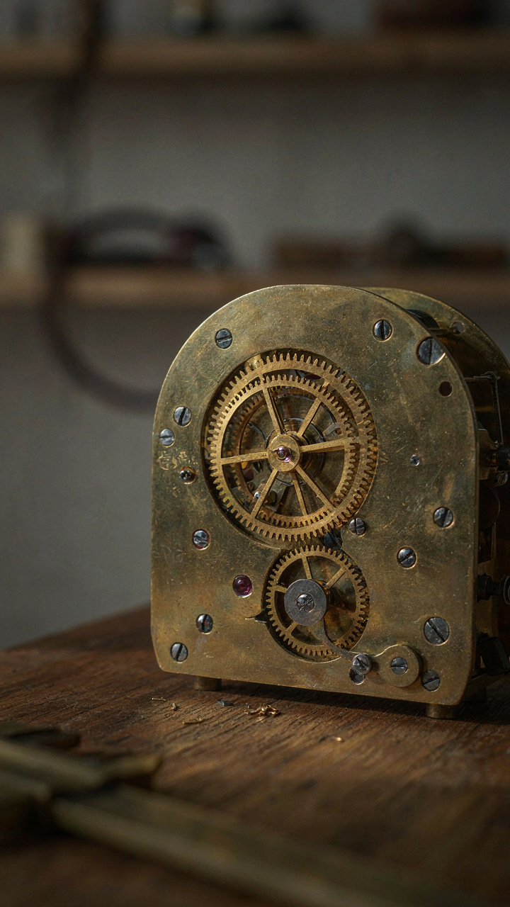 A close-up of an antique clockwork mechanism with polished gears.