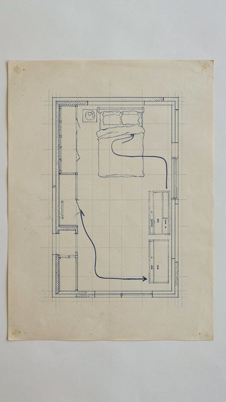 A blueprint showing clear movement paths in a craftsman bedroom layout.
