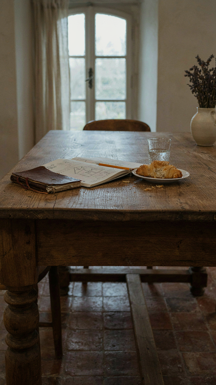 A well-loved oak dining table with homework and snacks, showing daily use.