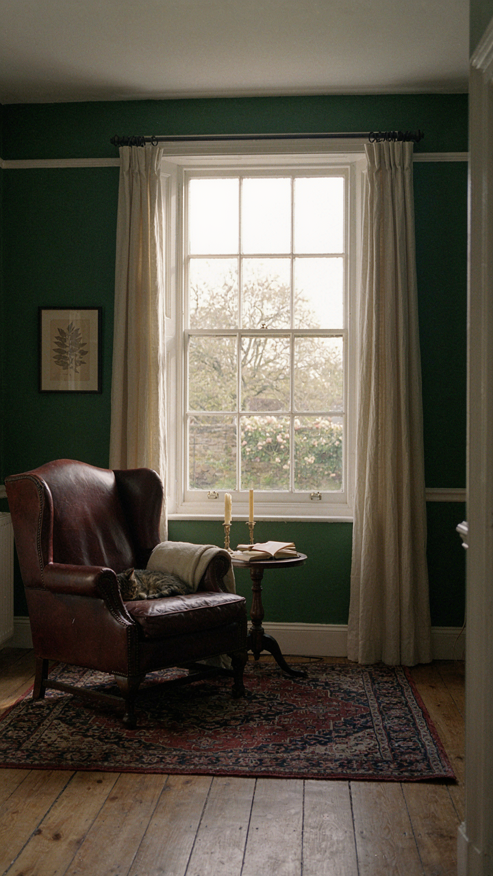 A small Victorian cottage living room with a dark green wall and window view.