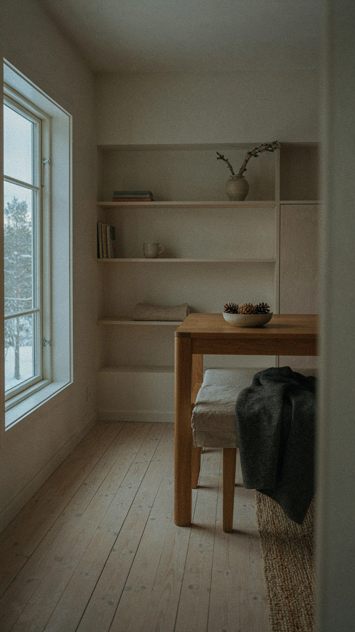 A minimalist Norwegian cabin interior with a solid wood table and built-in shelves.