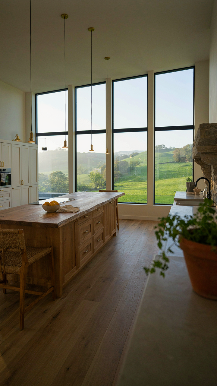 A farmhouse kitchen with large windows frames a green landscape.