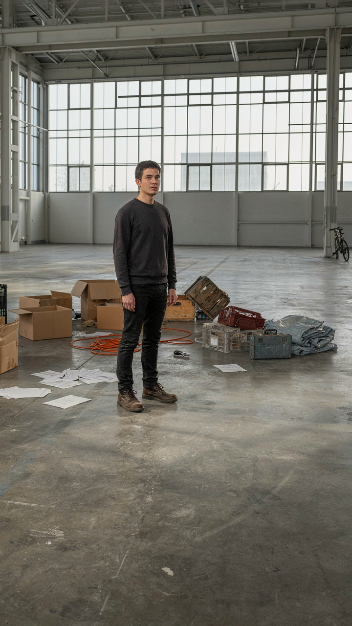 A large empty warehouse slowly filling with disorganized clutter.