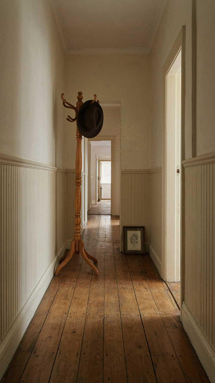 A narrow victorian farmhouse hallway with high wainscoting and a single coat rack.