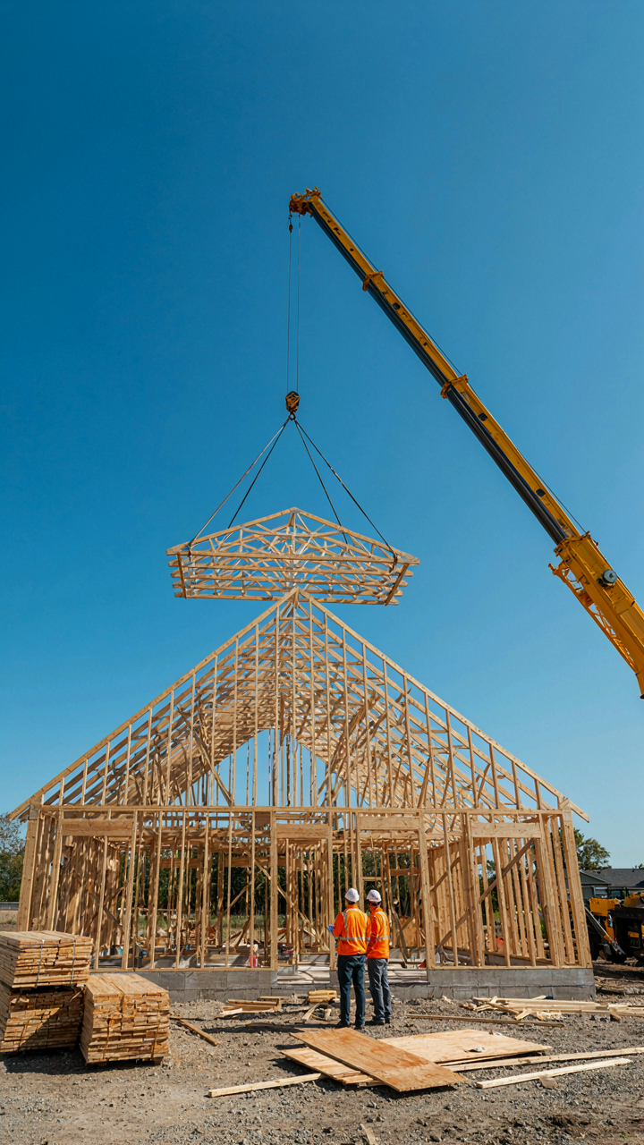 Construction workers assemble a simple gable roof frame using pre-built trusses.