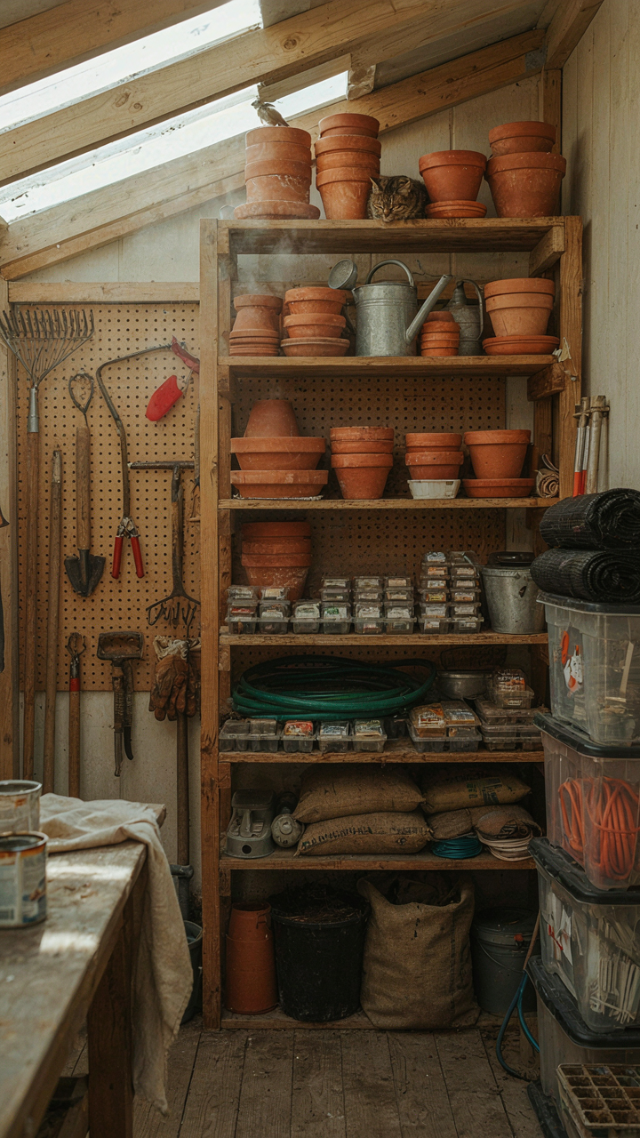 A shed with high-density shelving and neatly hung gardening tools.