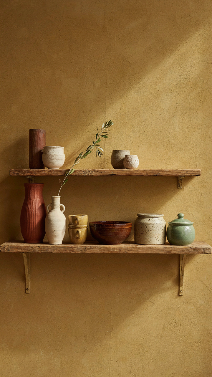 A wooden shelf with handmade ceramic pottery against a warm ochre-painted wall.