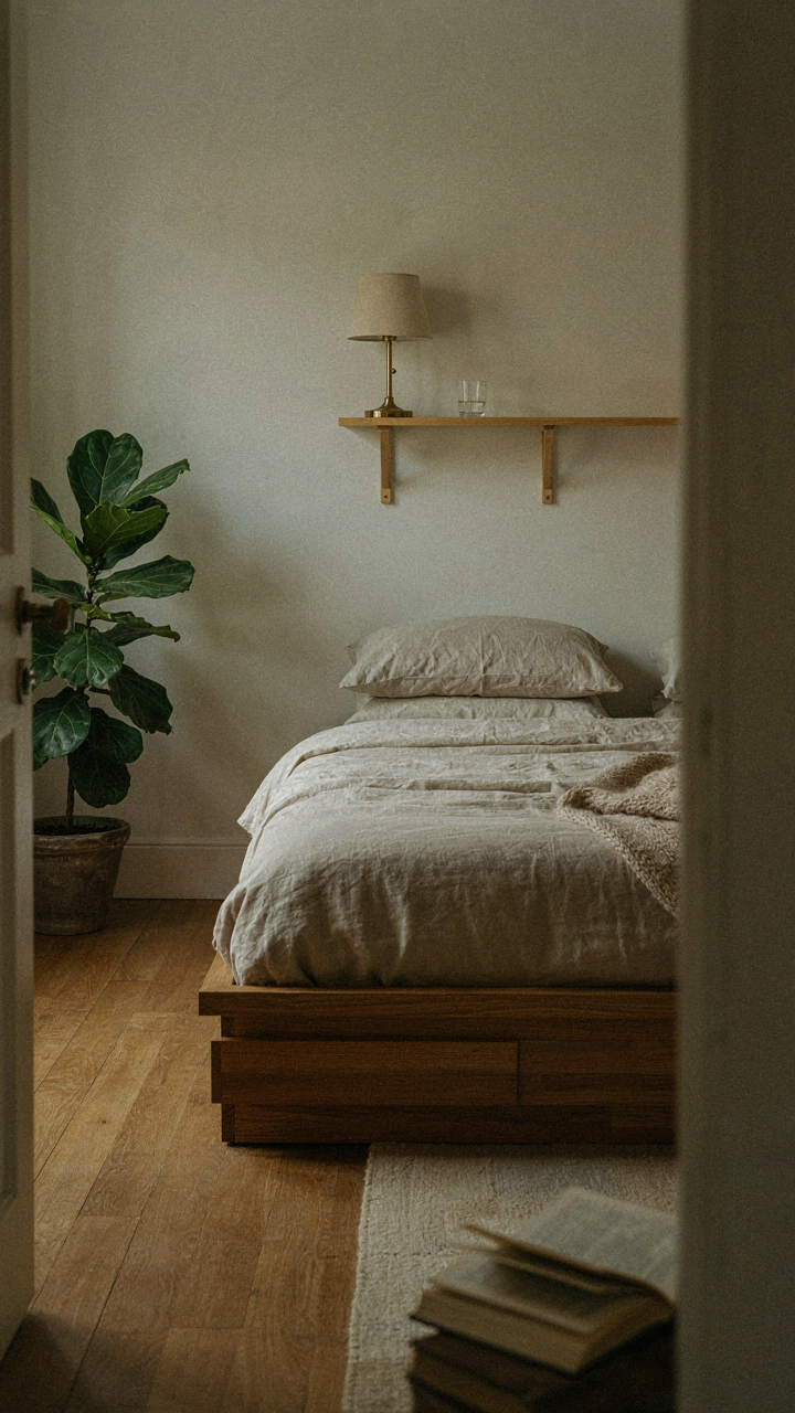 A wooden platform bed with drawers and a small shelf holding a lamp and water.