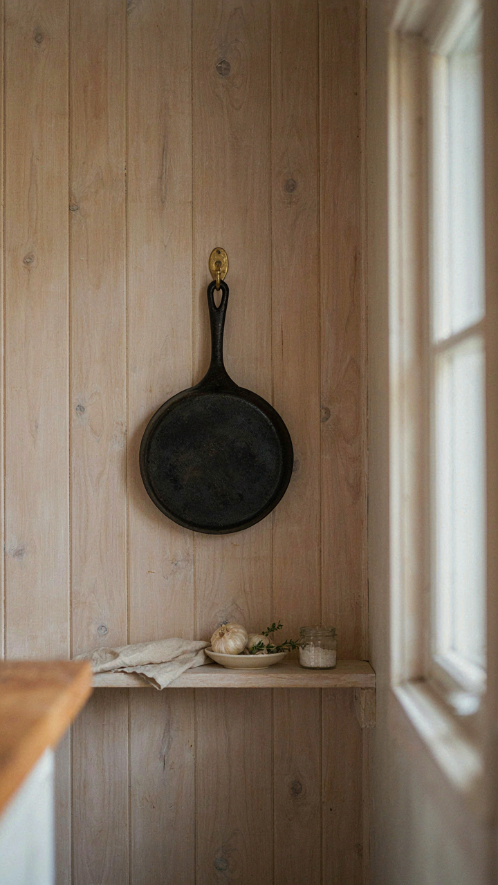 A single cast iron pan hanging on a clean wooden wall in a tiny kitchen.