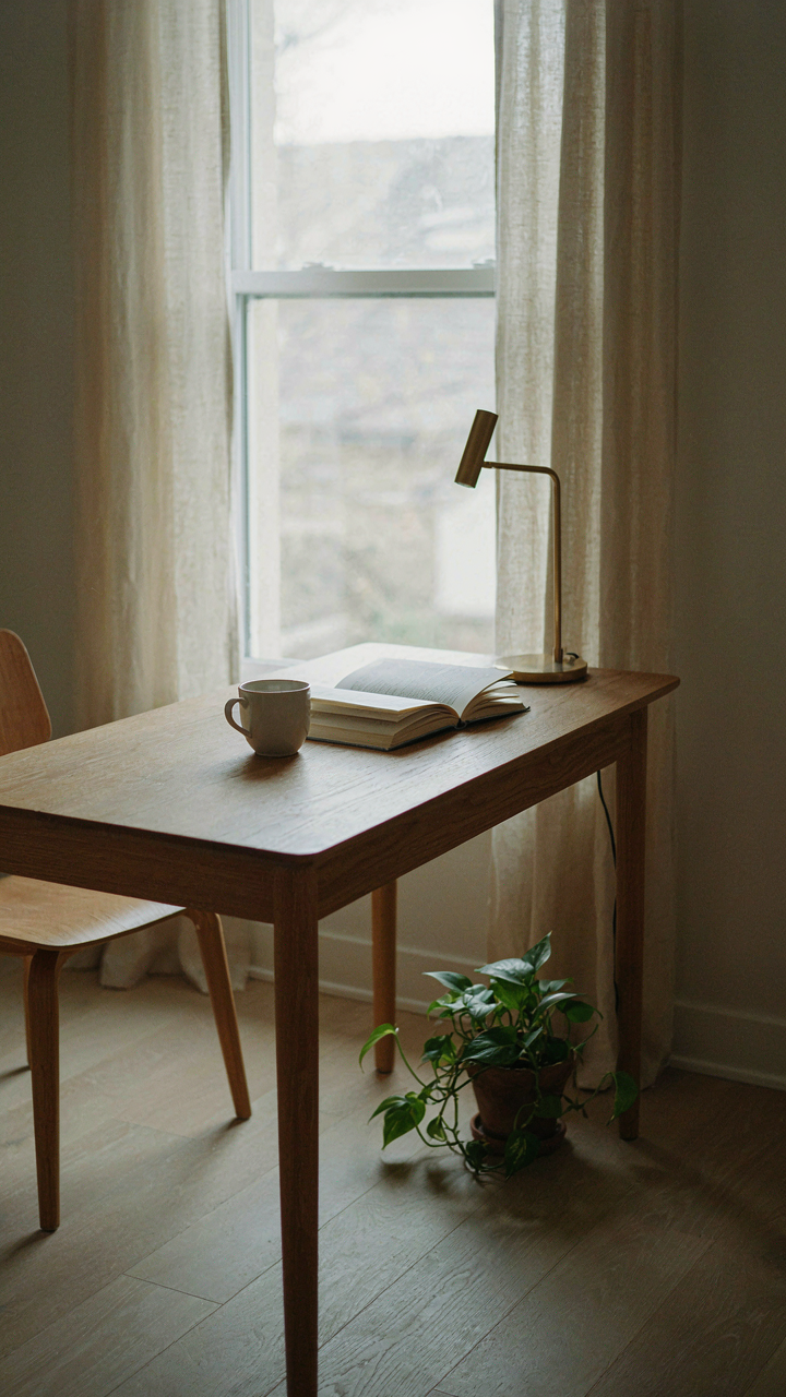 A high-quality wooden desk holds only essential items in a bright room.