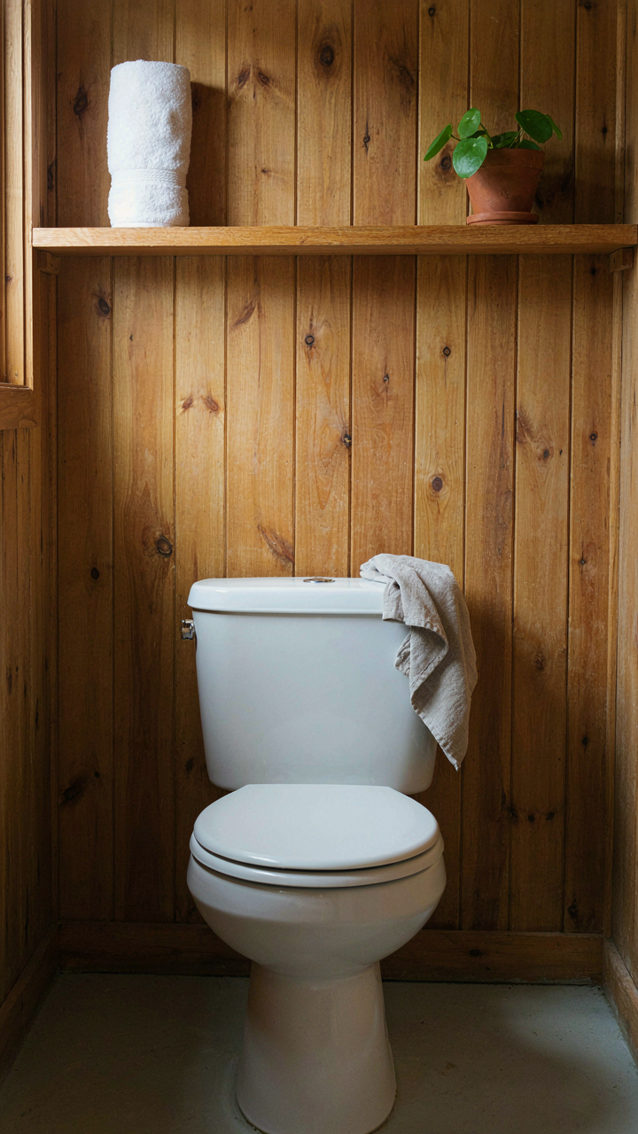 A single wooden shelf above a toilet in a tiny cabin bathroom holds essentials.