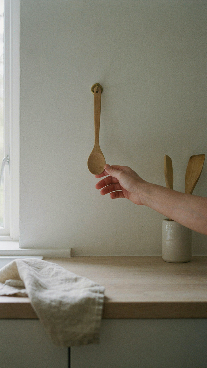 A hand easily finds a wooden spoon in an organized, minimalist tiny kitchen.