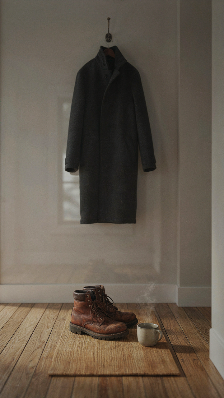One pair of work boots and a single winter coat in a minimalist cabin entryway.