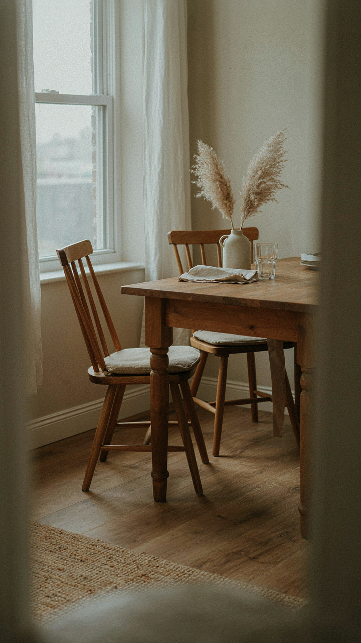A solid wooden dining table with two chairs in a small, bright dining area.