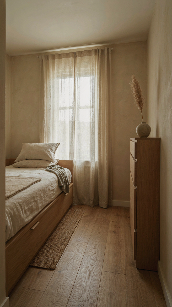 A small farmhouse bedroom corner with a bed with drawers and a tall dresser.