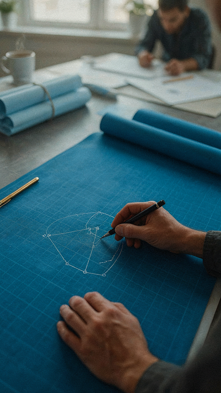 A hand draws precise lines and calculations on a blueprint.